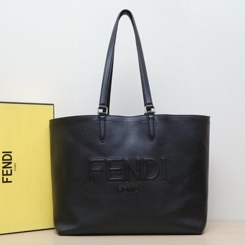FENDI 黑色牛皮logo浮雕字母手提托特包購物袋肩背包