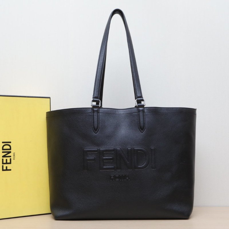 FENDI 黑色牛皮logo浮雕字母手提托特包購物袋肩背包-0