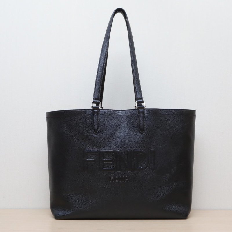 FENDI 黑色牛皮logo浮雕字母手提托特包購物袋肩背包-1