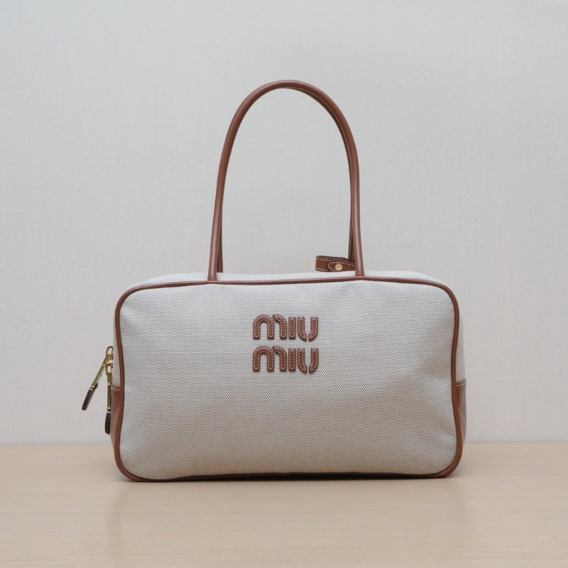 MIU MIU 24SS秀款徽標手提公事包34米白色帆布肩背包-0