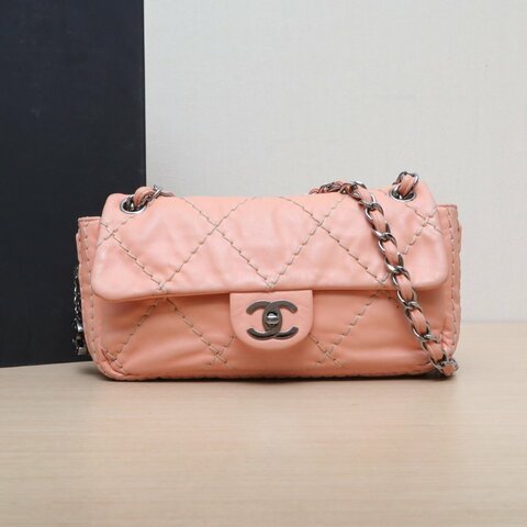 CHANEL 珊瑚粉牛皮11開銀扣CF季節款外縫線大菱格口蓋包肩背包