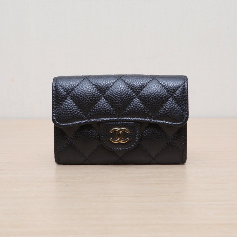 CHANEL CF短款口蓋錢包無後拉鏈11.5黑色荔枝牛皮28開金扣肩背包-0