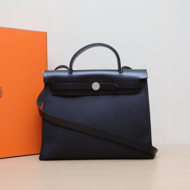 HERMES Herbag3189黑色帆布D刻銀扣肩背包-0