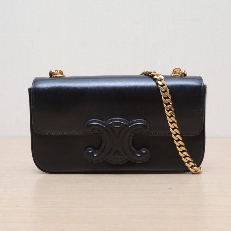 CELINE CuirTriomphe凱旋門浮雕橫版肩背包20鏈條款黑色牛皮金扣肩背包-1