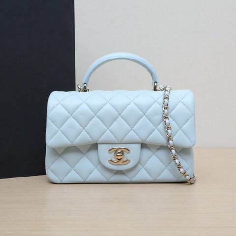 CHANEL CF手提大mini20藍色羊皮晶片開金扣21K肩背包