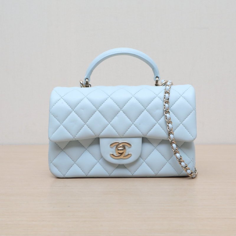 CHANEL CF手提大mini20藍色羊皮晶片開金扣21K肩背包-1