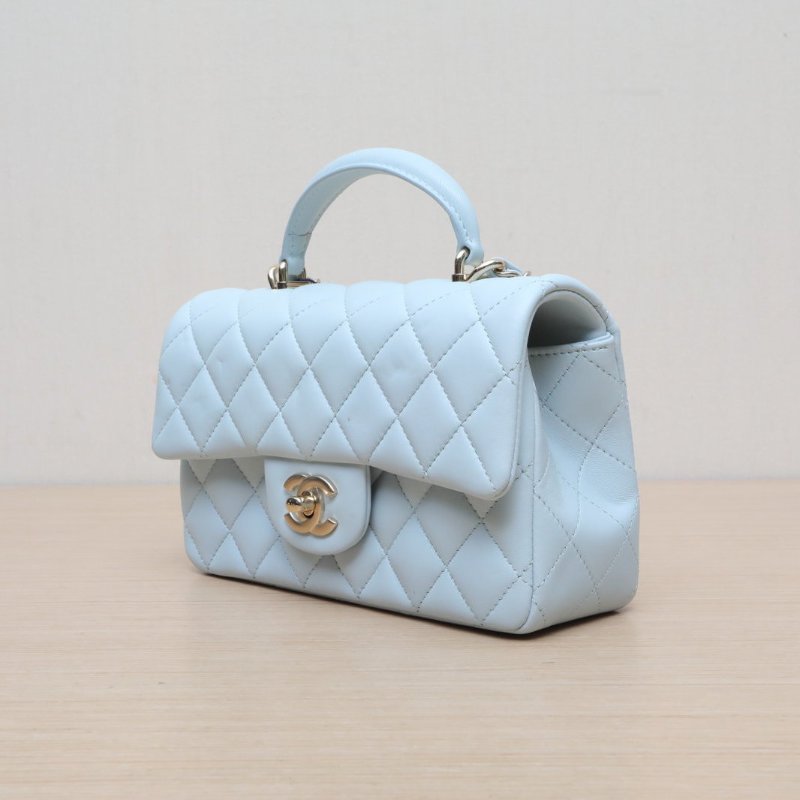 CHANEL CF手提大mini20藍色羊皮晶片開金扣21K肩背包-4