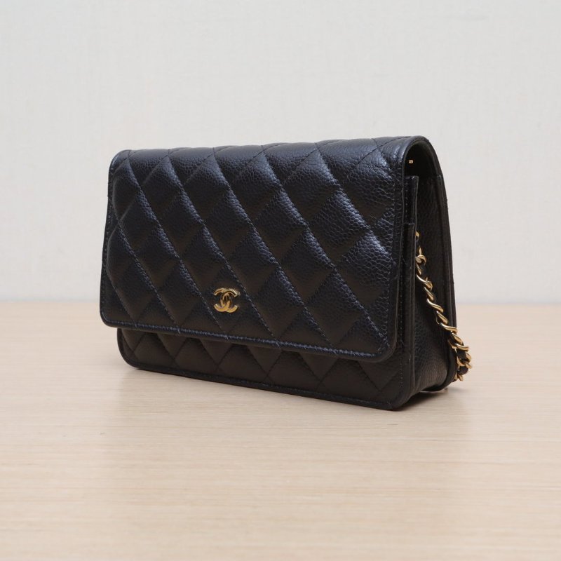 CHANEL CFWOC19黑色荔枝牛皮晶片開金扣肩背包-3