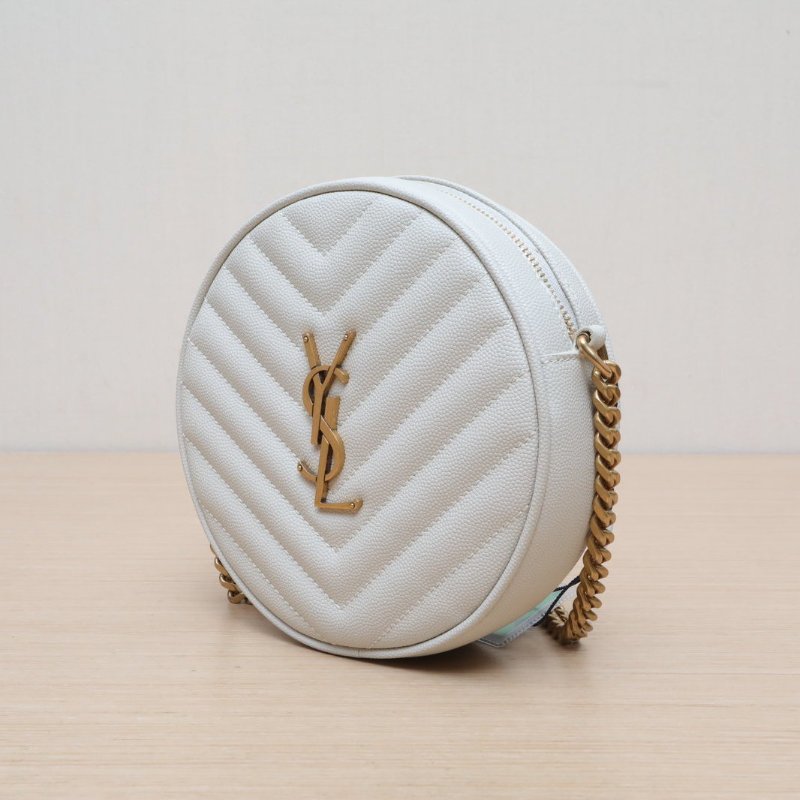 SAINT LAURENT Vinyle圓餅RoundV紋白色荔枝牛皮金扣肩背包-2