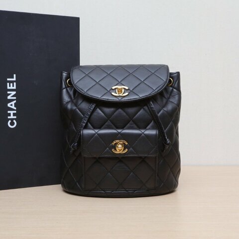 CHANEL 中古黑金羊Duma雙肩包黑色羊皮4開金扣肩背包