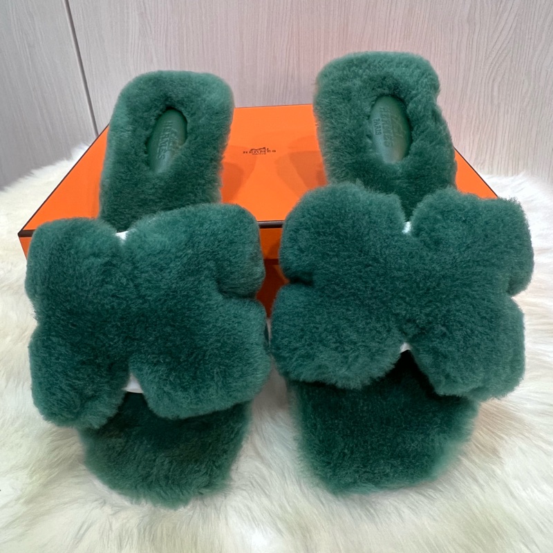 Hermes愛馬仕貴婦綠毛絨H拖鞋(全新閒置品)-0