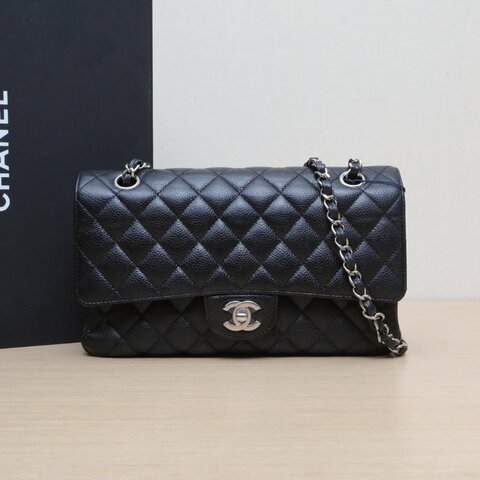 CHANEL CF口蓋包中號25.5黑色荔枝牛皮29開銀扣肩背包