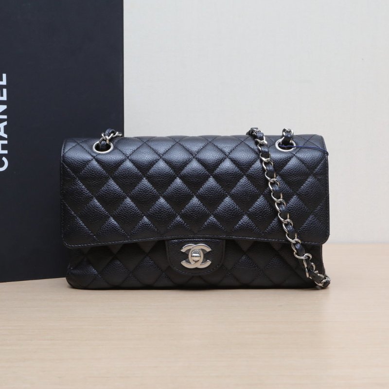 CHANEL CF口蓋包中號25.5黑色荔枝牛皮29開銀扣肩背包-0