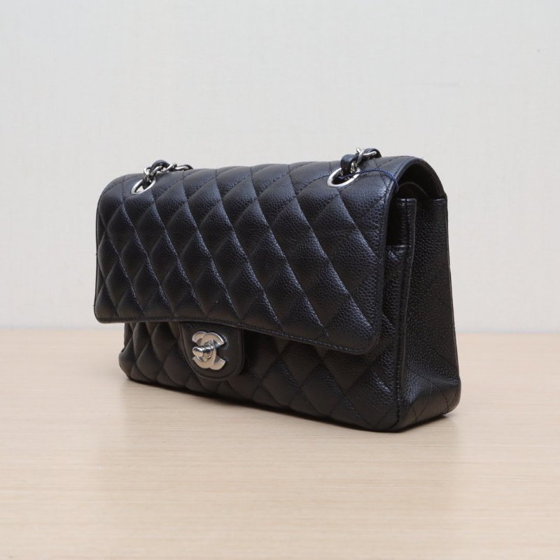 CHANEL CF口蓋包中號25.5黑色荔枝牛皮29開銀扣肩背包-3