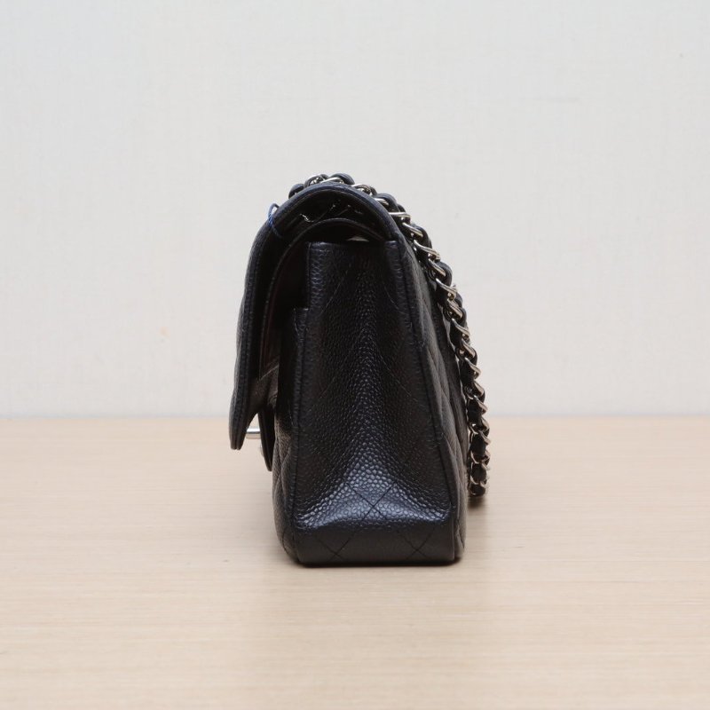 CHANEL CF口蓋包中號25.5黑色荔枝牛皮29開銀扣肩背包-4