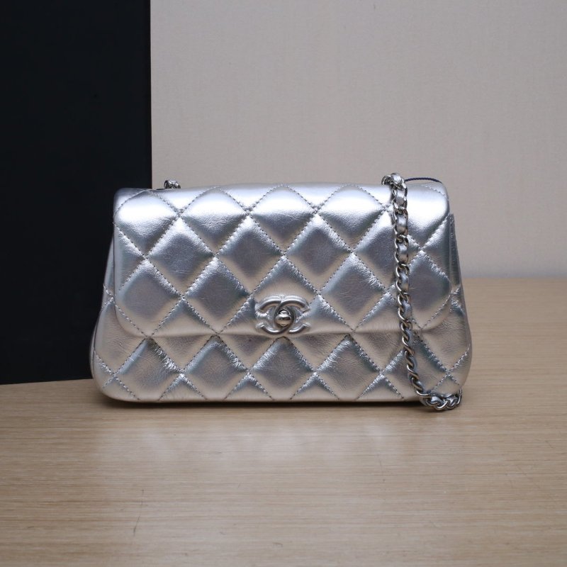 CHANEL 銀色羊皮鐳射標銀扣25SCF菱格紋皮穿鏈單肩包斜挎包肩背包-0