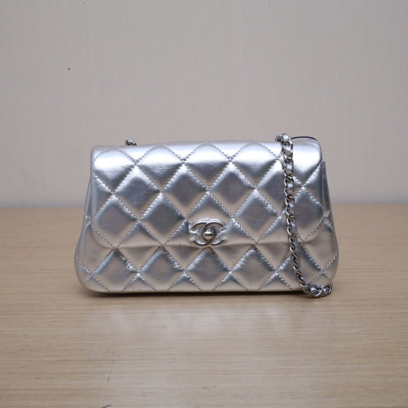 CHANEL 銀色羊皮鐳射標銀扣25SCF菱格紋皮穿鏈單肩包斜挎包肩背包-1