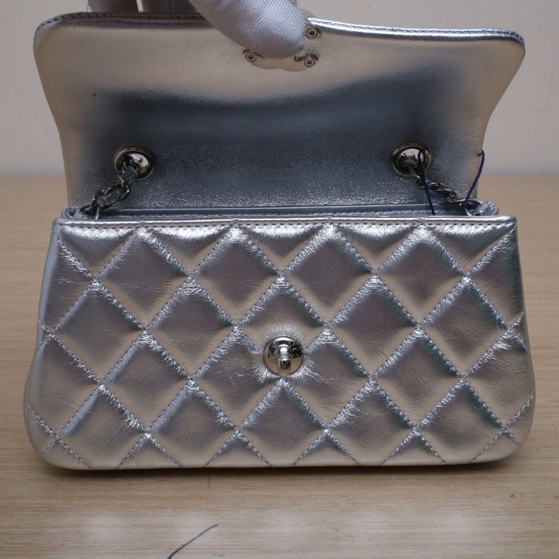 CHANEL 銀色羊皮鐳射標銀扣25SCF菱格紋皮穿鏈單肩包斜挎包肩背包-2