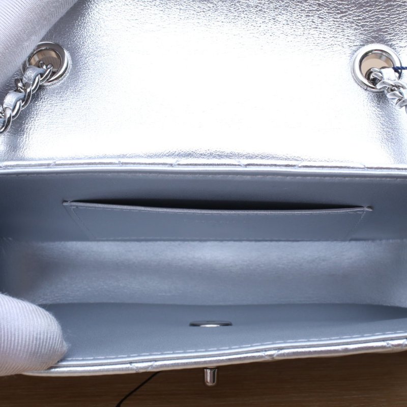 CHANEL 銀色羊皮鐳射標銀扣25SCF菱格紋皮穿鏈單肩包斜挎包肩背包-3