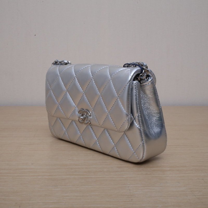 CHANEL 銀色羊皮鐳射標銀扣25SCF菱格紋皮穿鏈單肩包斜挎包肩背包-4