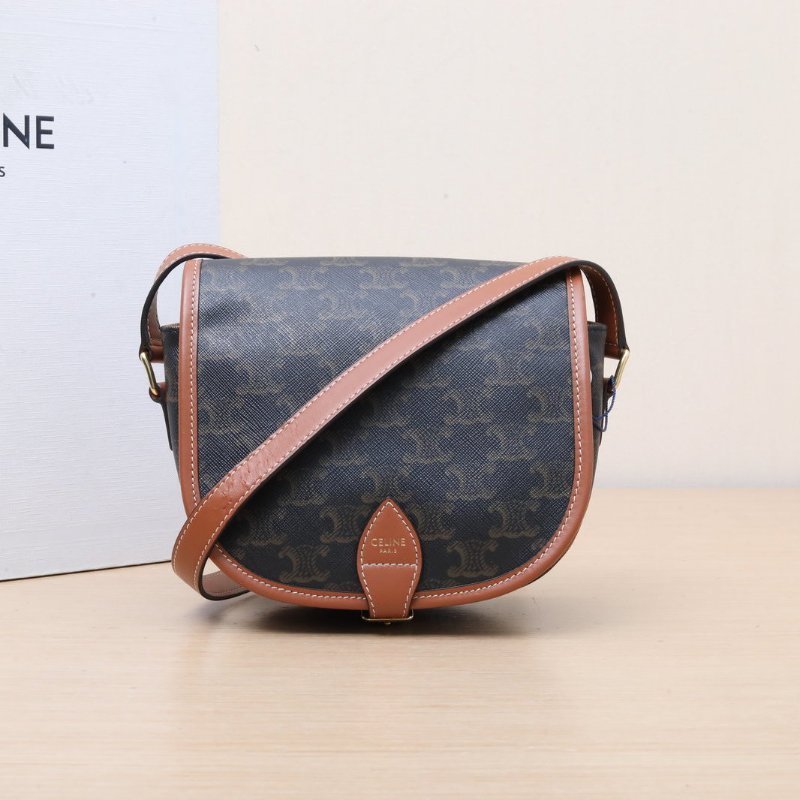 CELINE Folco馬鞍包中號凱旋門印花褐色PVC肩背包-0
