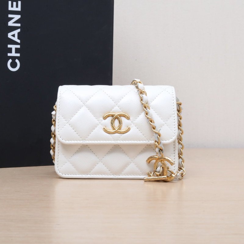 CHANEL 白色荔枝牛皮鐳射標金扣23BCFMiniWOC圓環LOGO調節肩帶肩背包-0