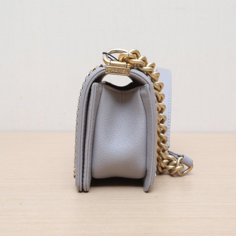 CHANEL Leboy小號20.5灰色荔枝牛皮晶片開金扣皮穿鏈滾邊肩背包-2