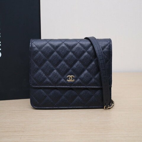 CHANEL 菱格紋方形WOC墨藍色牛皮24開金扣肩背包