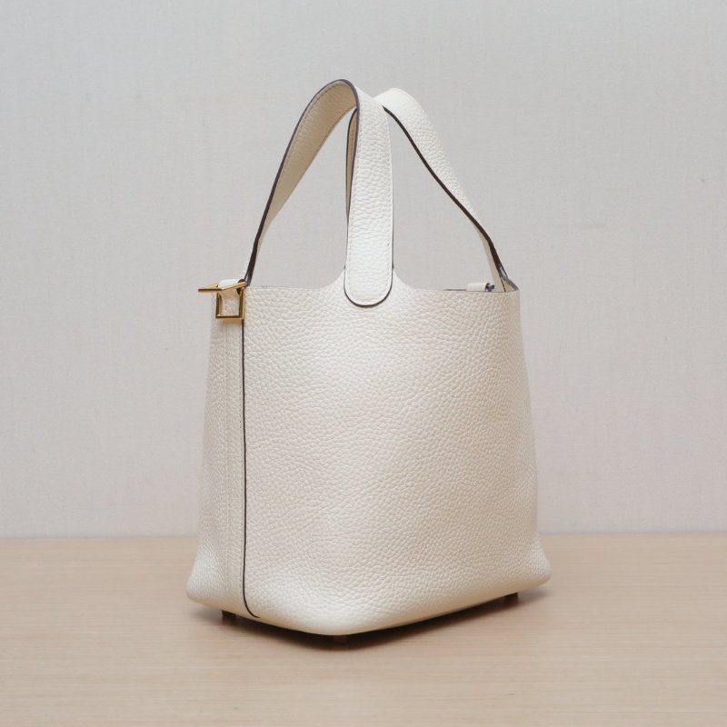 HERMES Picotin18菜籃子Z刻I2奶油白TC皮金扣肩背包-3