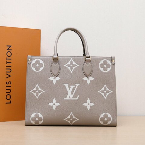 LOUIS VUITTON Onthego中號35大象灰牛皮晶片老花壓紋肩背包