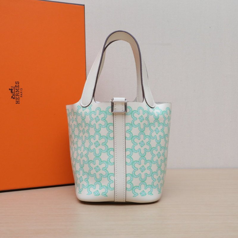 HERMES Picotin14菜籃子綠花I2奶油白Swift皮U刻銀扣肩背包-0