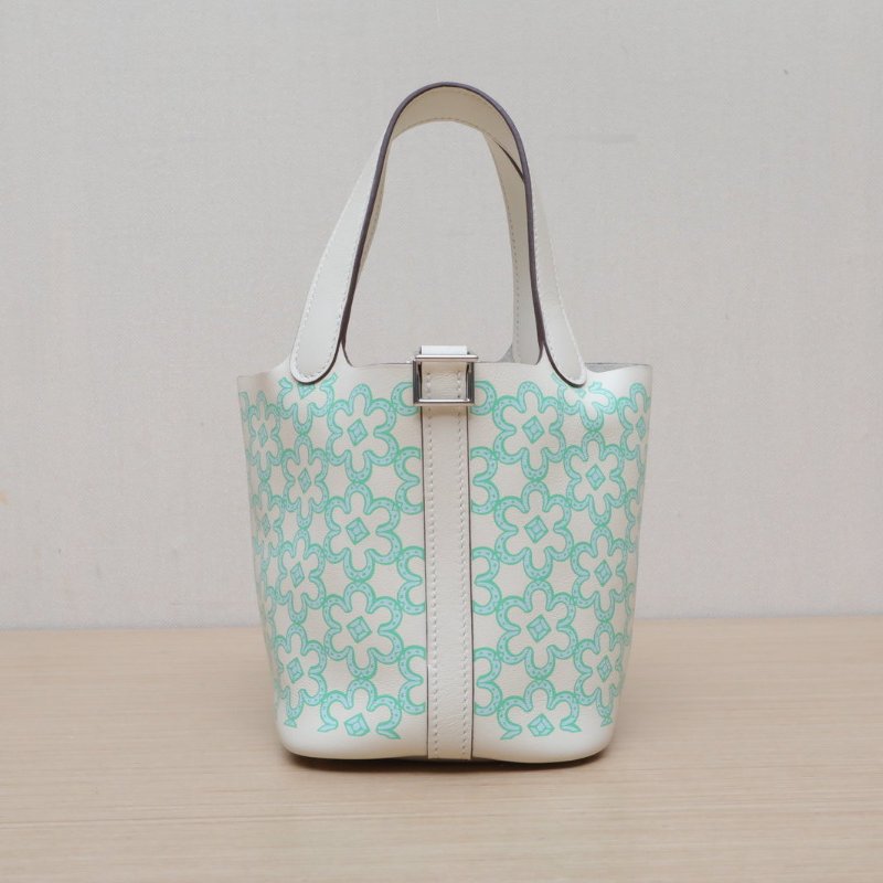 HERMES Picotin14菜籃子綠花I2奶油白Swift皮U刻銀扣肩背包-1