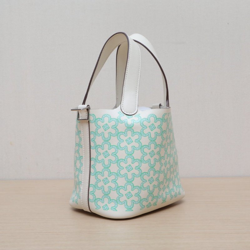 HERMES Picotin14菜籃子綠花I2奶油白Swift皮U刻銀扣肩背包-2