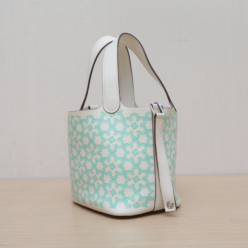 HERMES Picotin14菜籃子綠花I2奶油白Swift皮U刻銀扣肩背包-4