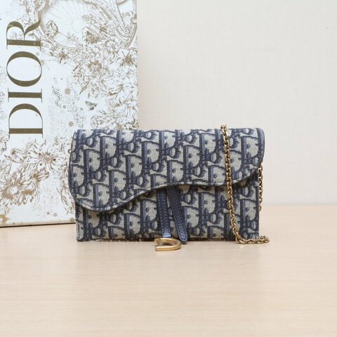 DIOR SADDLE馬鞍鏈條WOC19二合一墨藍色帆布金扣2021Oblique印花肩背包