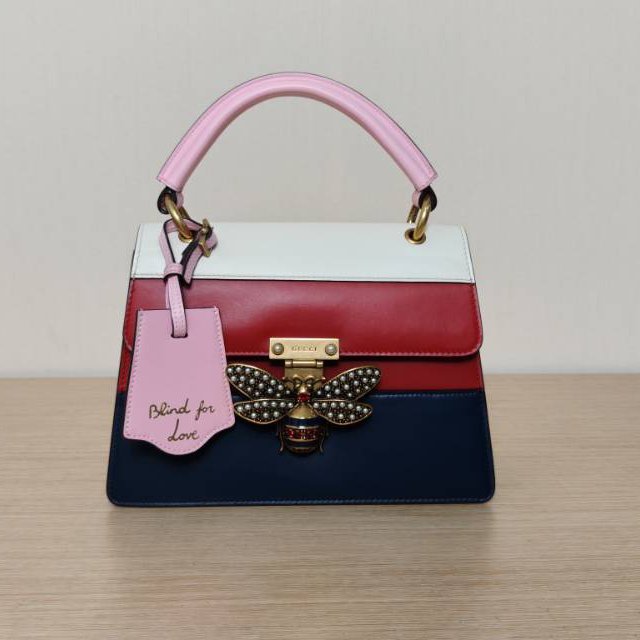 GUCCI QueenMargaret瑪格麗特皇后蜜蜂手提斜挎包小號25.5拼色牛皮金扣肩背包-0