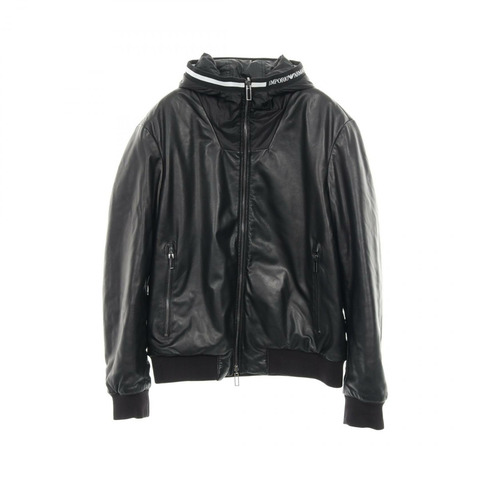 Emporio Armani 帶帽夾克，皮革尼龍材質，黑色 #01，二手男款