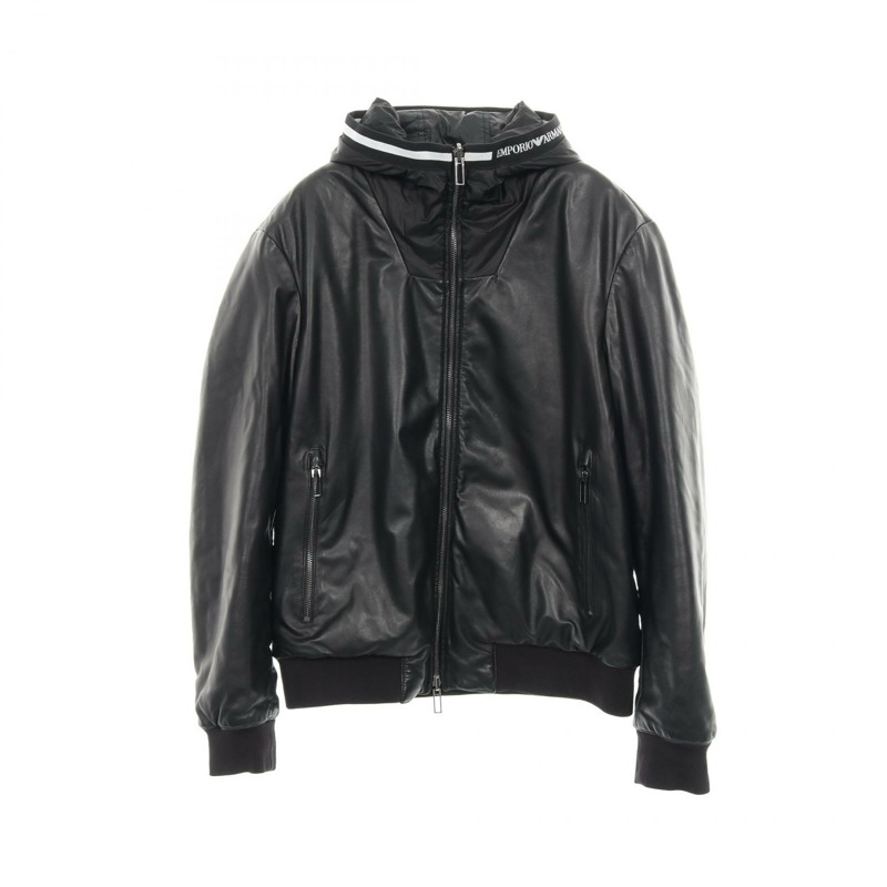 Emporio Armani 帶帽夾克,皮革尼龍材質,黑色 #01,二手男款-0