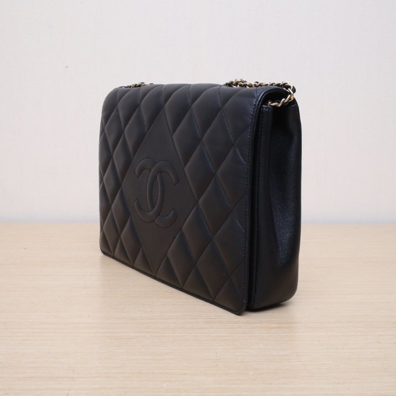 CHANEL 黑色羊皮18開金扣菱格紋雙C翻蓋單肩包肩背包-4