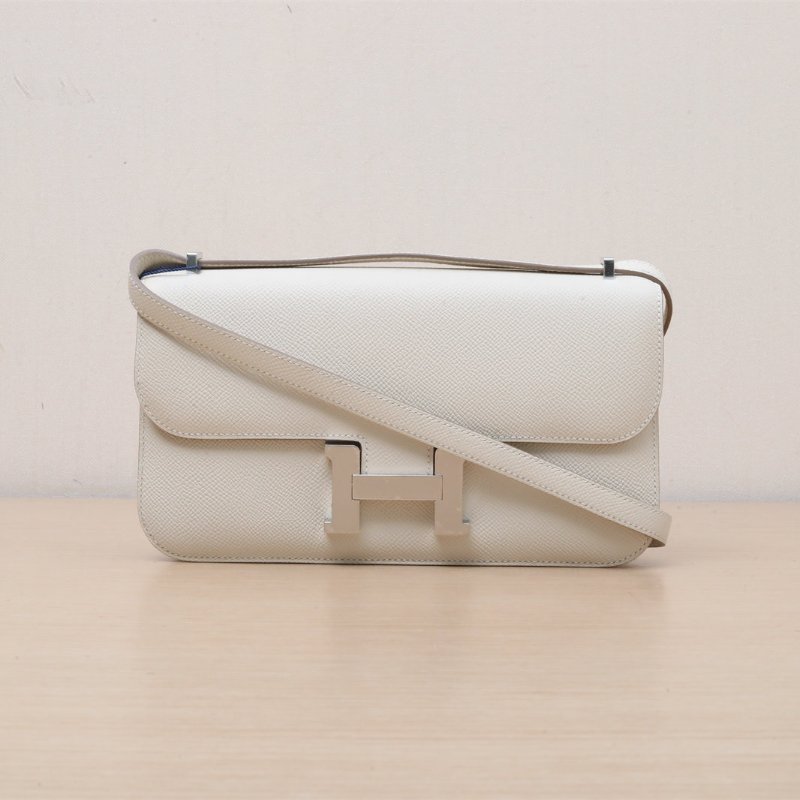 HERMES Constance康康Elan橫板10奶昔白Epsom皮W刻銀扣帶鏡子肩背包-1