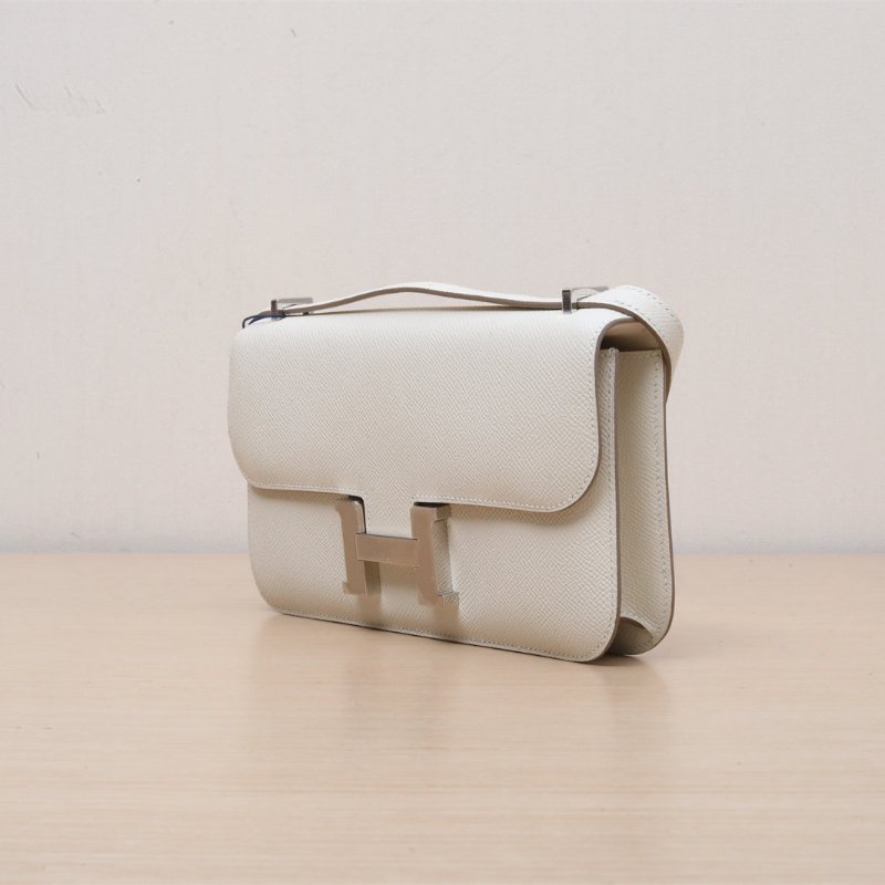 HERMES Constance康康Elan橫板10奶昔白Epsom皮W刻銀扣帶鏡子肩背包-3