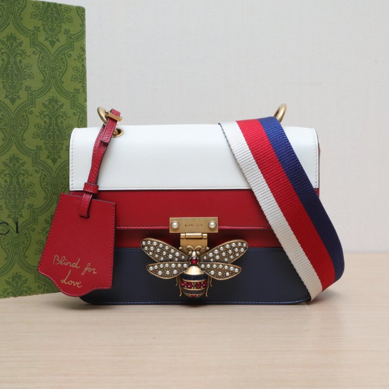 GUCCI QueenMargaret瑪格麗特皇后蜜蜂寬肩帶斜挎包22.5拼色牛皮金扣肩背包-0