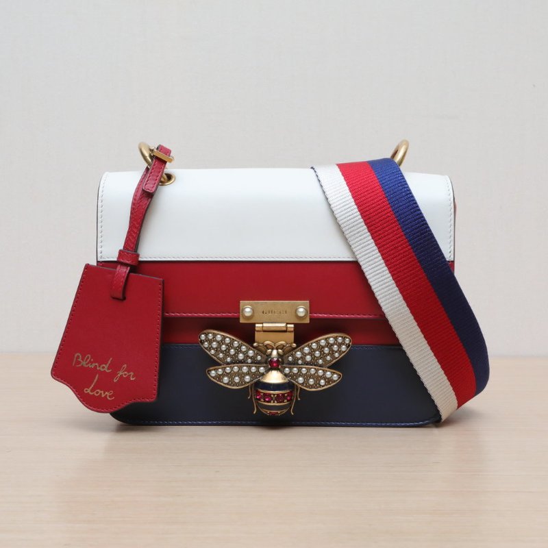 GUCCI QueenMargaret瑪格麗特皇后蜜蜂寬肩帶斜挎包22.5拼色牛皮金扣肩背包-1