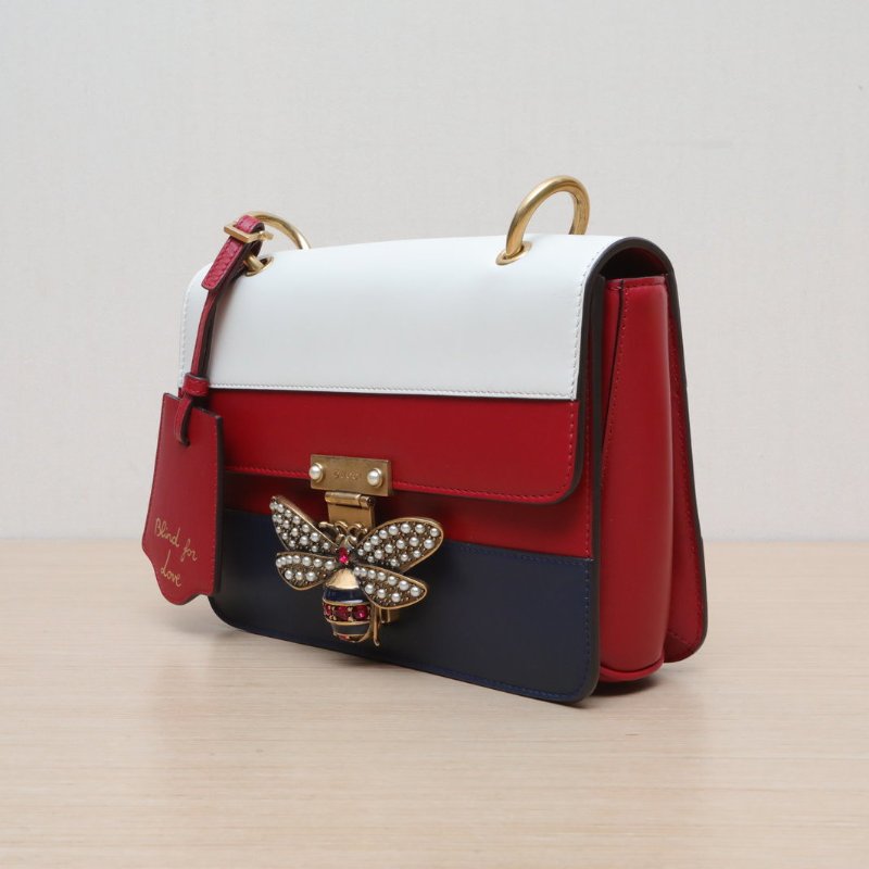 GUCCI QueenMargaret瑪格麗特皇后蜜蜂寬肩帶斜挎包22.5拼色牛皮金扣肩背包-3