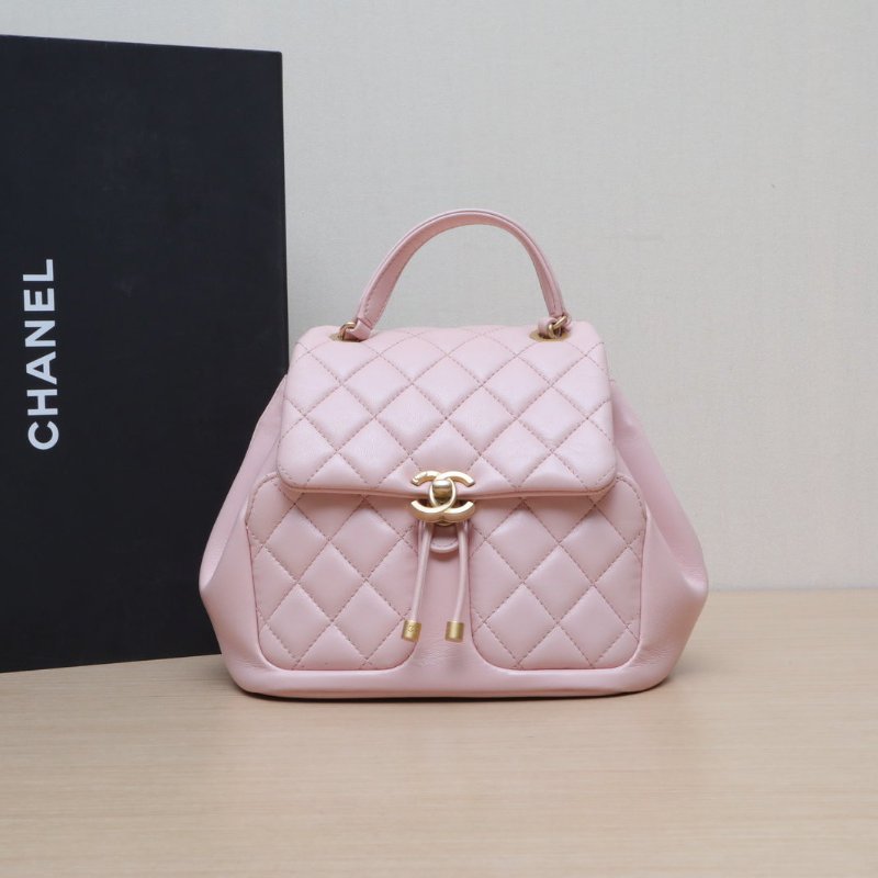 CHANEL 粉色羊皮晶片開金扣23K隱藏款雙肩包肩背包-0