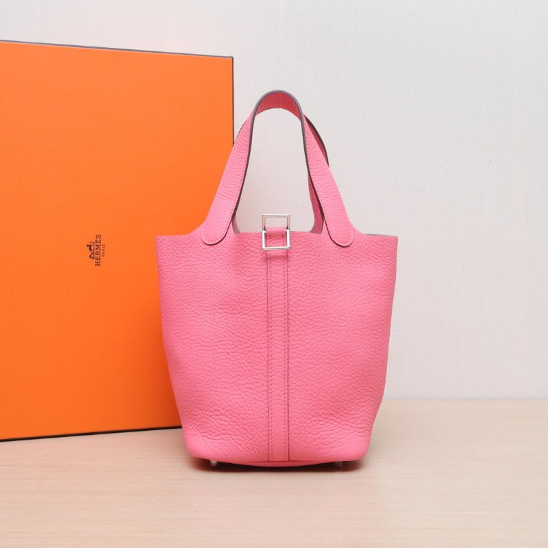 HERMES Picotin18菜籃子8W新唇膏粉TC皮W刻銀扣肩背包-0