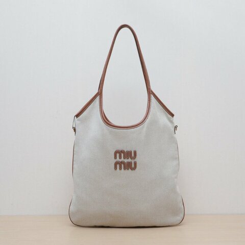 MIU MIU IVYTote托特包35拼米色牛皮/帆布金扣35肩背包