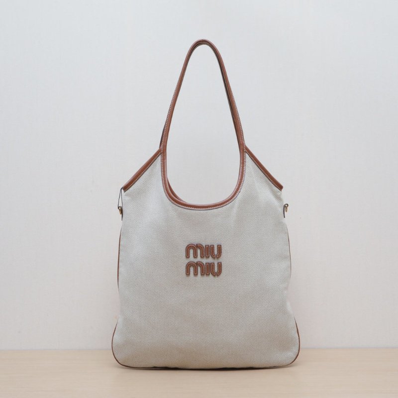 MIU MIU IVYTote托特包35拼米色牛皮/帆布金扣35肩背包-0