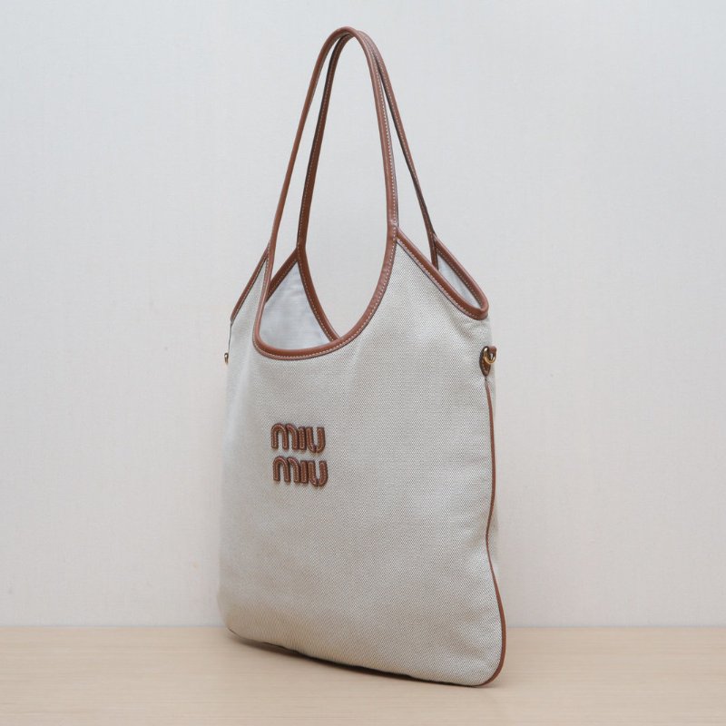 MIU MIU IVYTote托特包35拼米色牛皮/帆布金扣35肩背包-3