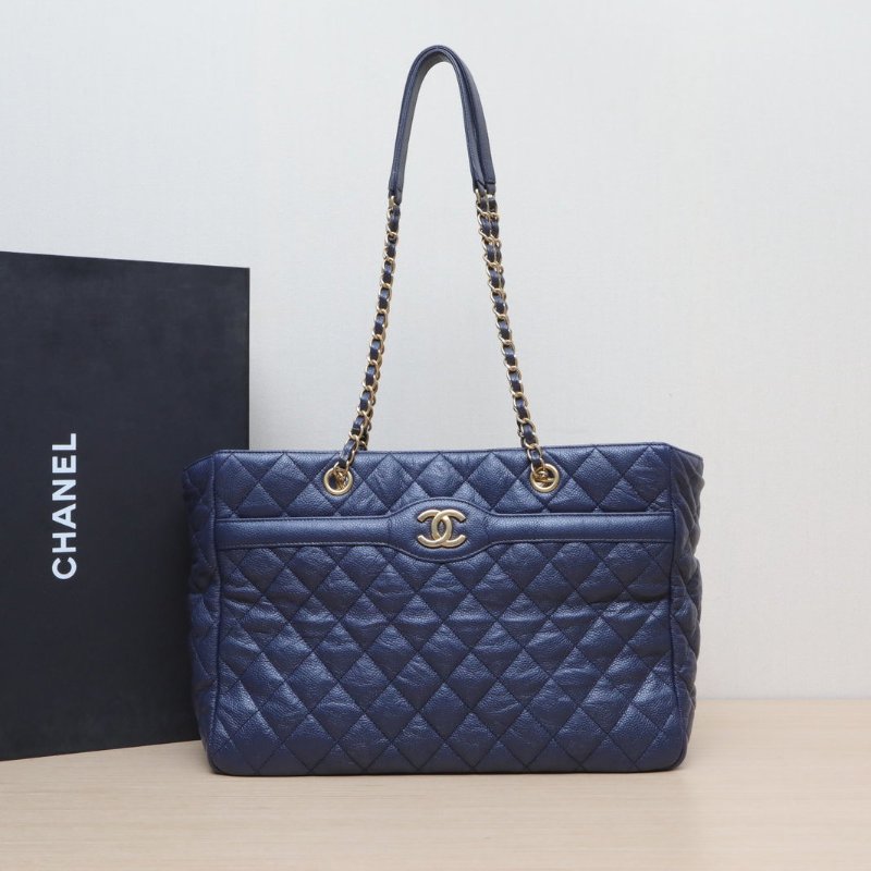 CHANEL 藍色荔枝牛皮21開金扣菱格紋鏈條tote托特包肩背包-0